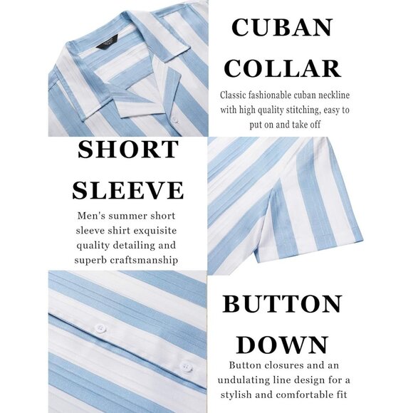 Men's Blue Thick Stripe Casual Short Sleeve Button Down Textured Beach Shirts - Picture 5 of 6